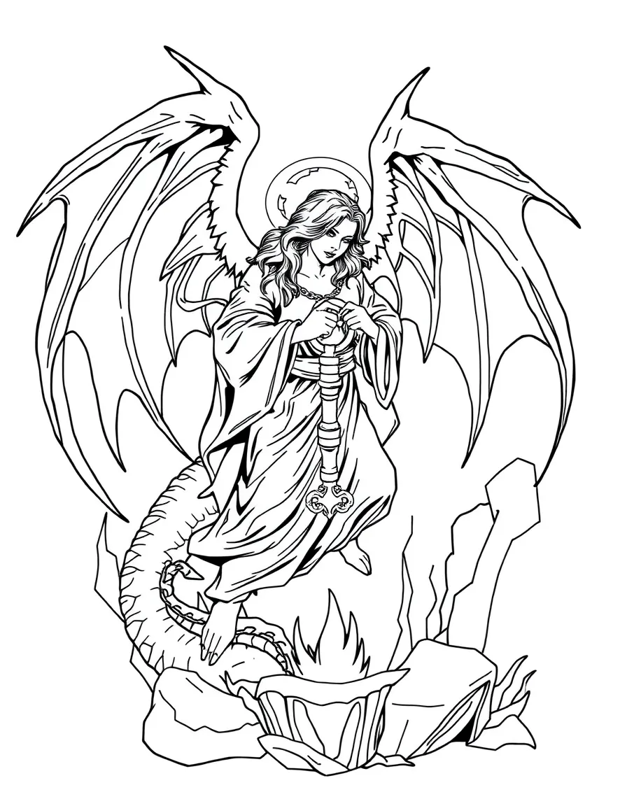 The angel with the key to the bottomless pit, chaining the dragon.