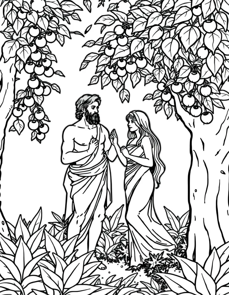 Adam and Eve in the Garden of Eden, picking fruit from trees.