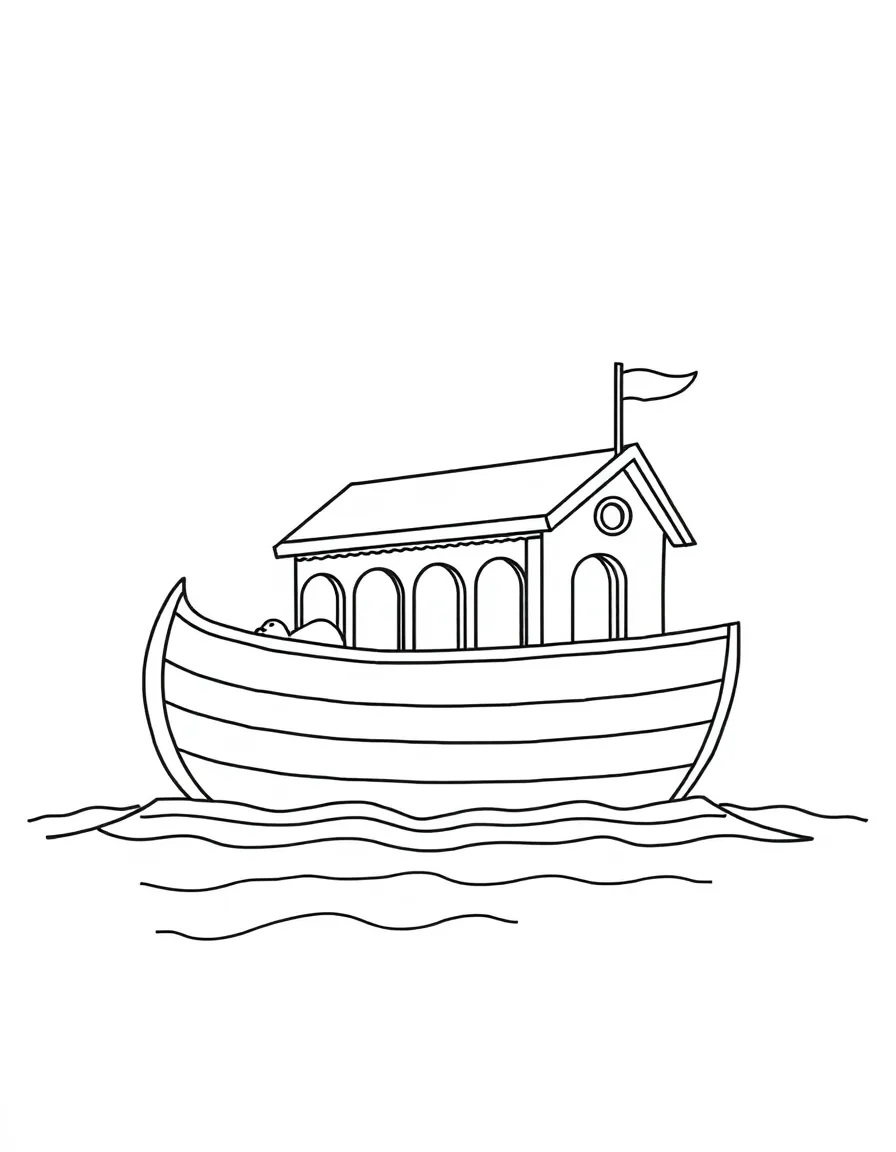 Noah's ark floating on the water, with a dove returning.