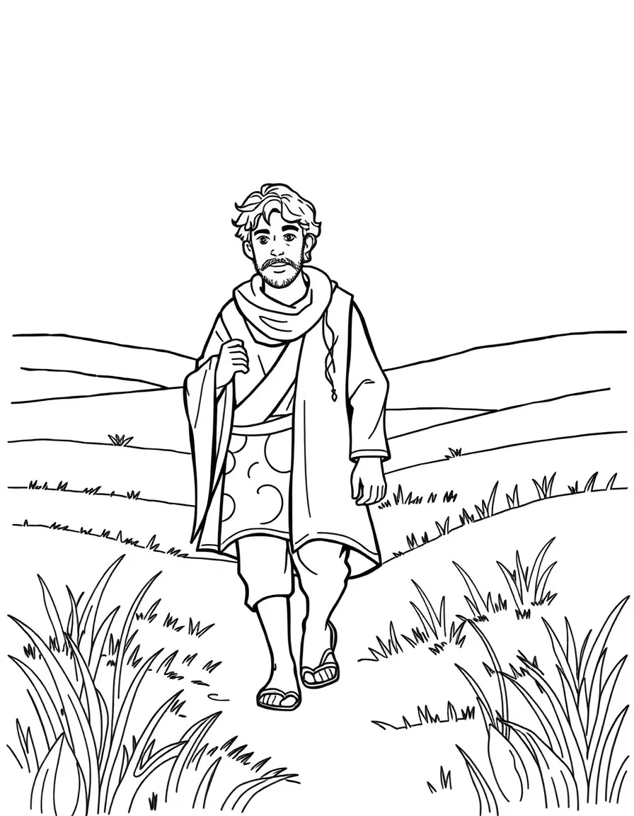 Joseph in his colorful coat, walking through fields.