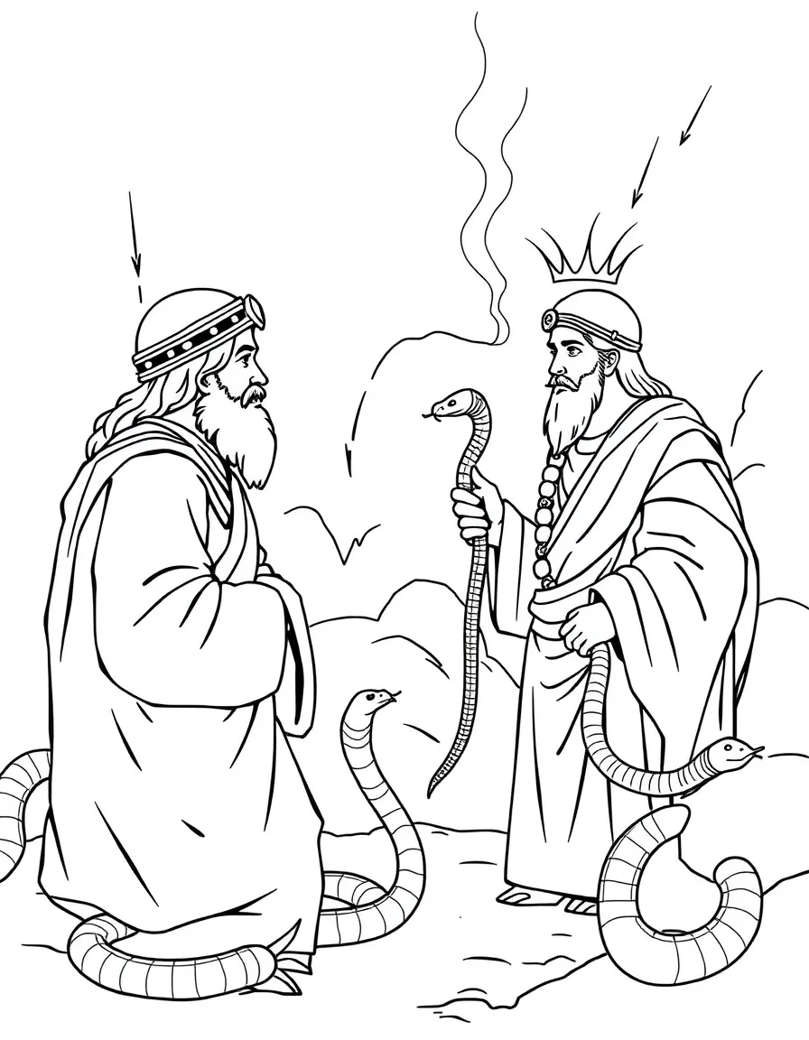 Moses and Aaron facing Pharaoh, with the magicians' snakes.