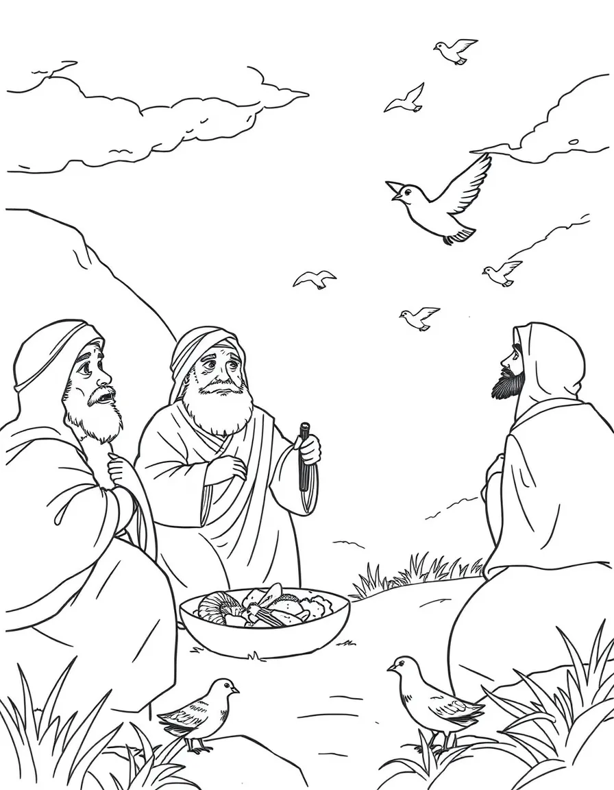 The Israelites grumbling for meat, and quails falling from the sky.