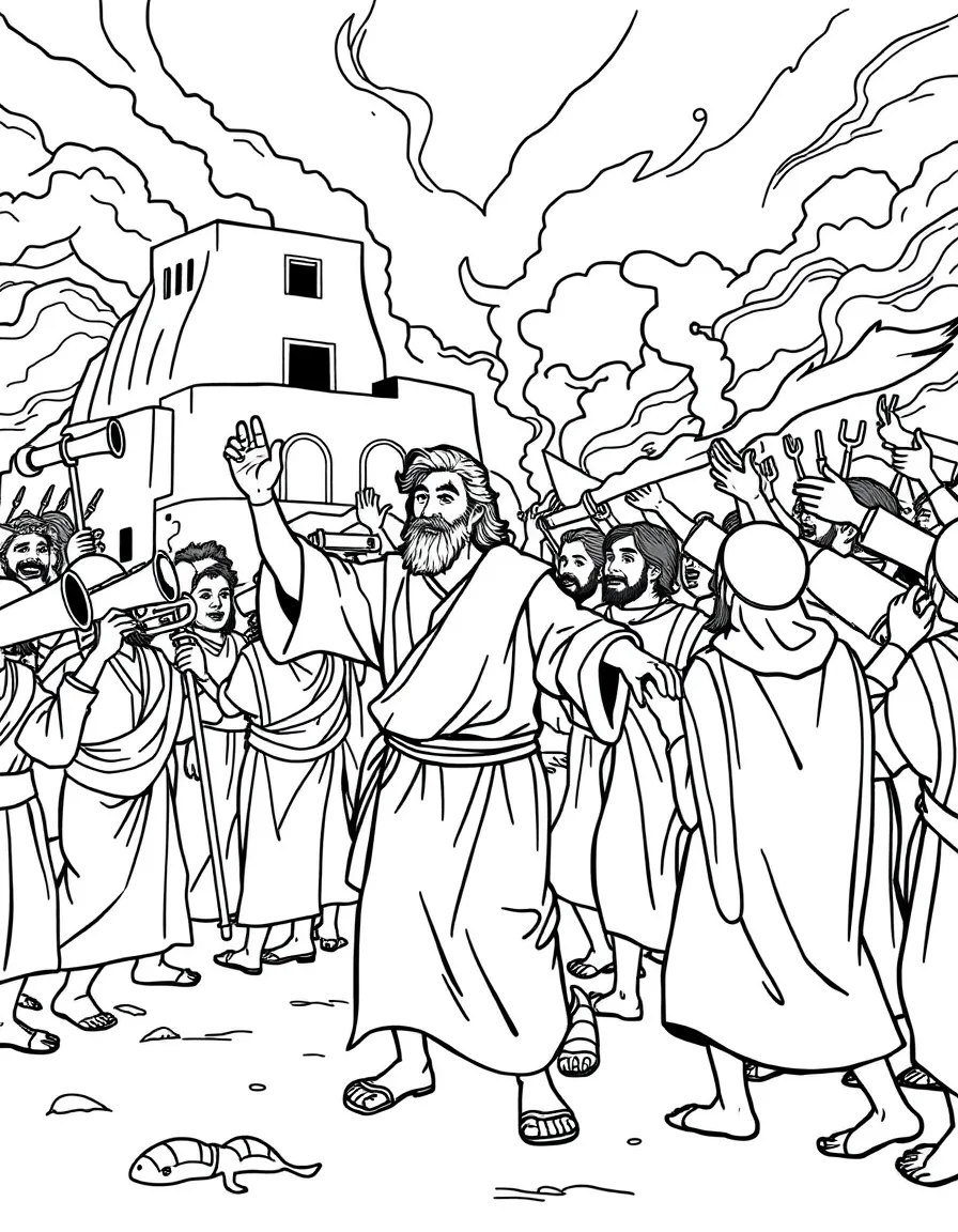 Joshua leading the charge at Jericho, with trumpets blowing.