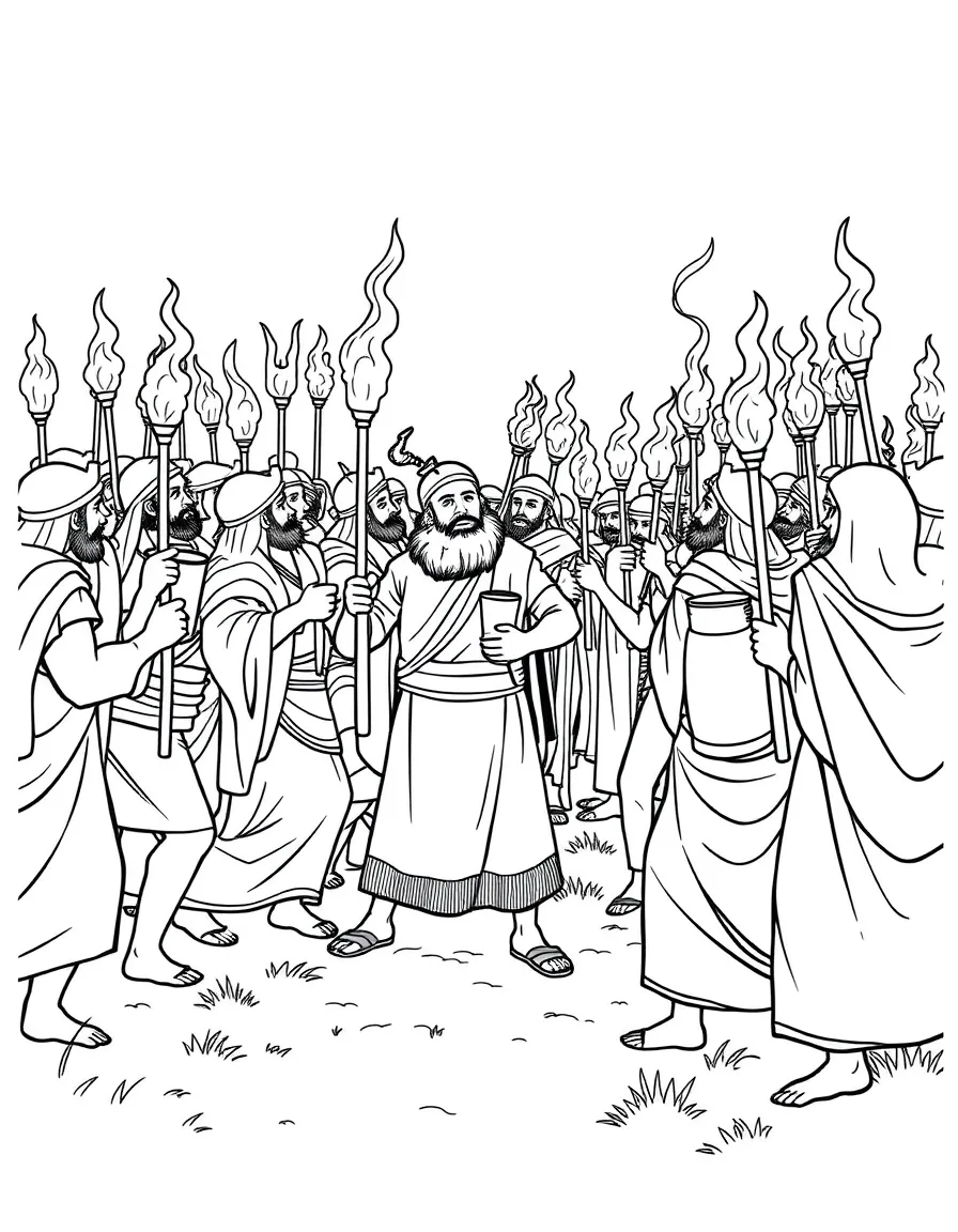 Gideon's army surrounding the Midianites, with torches and pitchers.