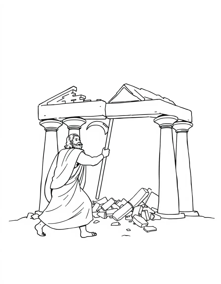 Samson pushing apart the pillars of a temple, with the roof falling.