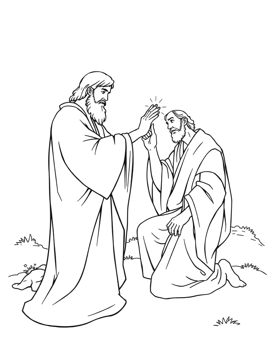 Samuel anointing David, with David kneeling.