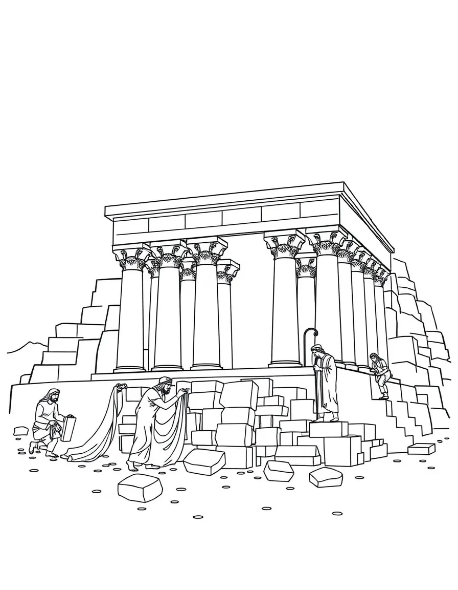 King Solomon building the temple, with workers carefully placing stones.