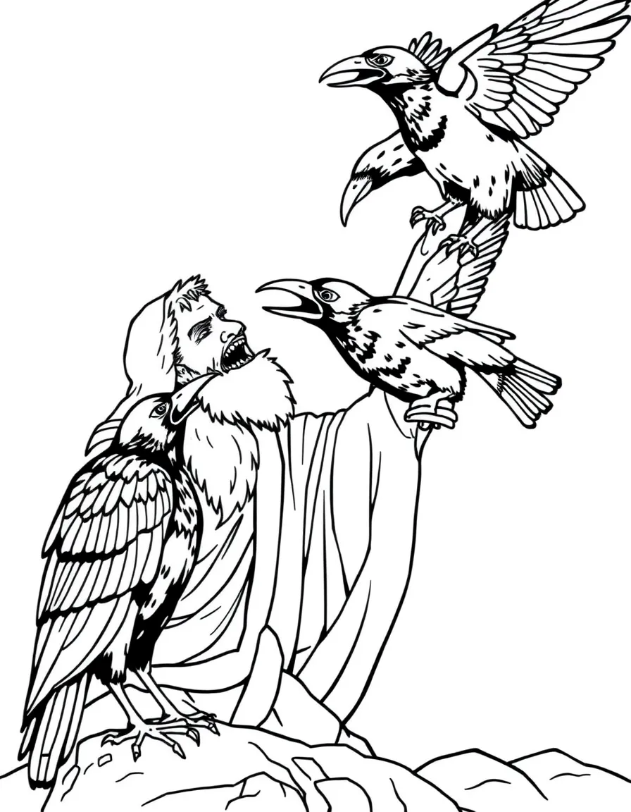 Elijah being fed by ravens, with a full beak and a hungry Elijah.