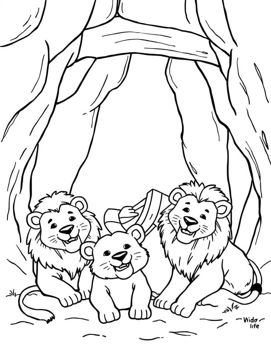 Daniel in the lion's den, with happy lions lying at his feet.