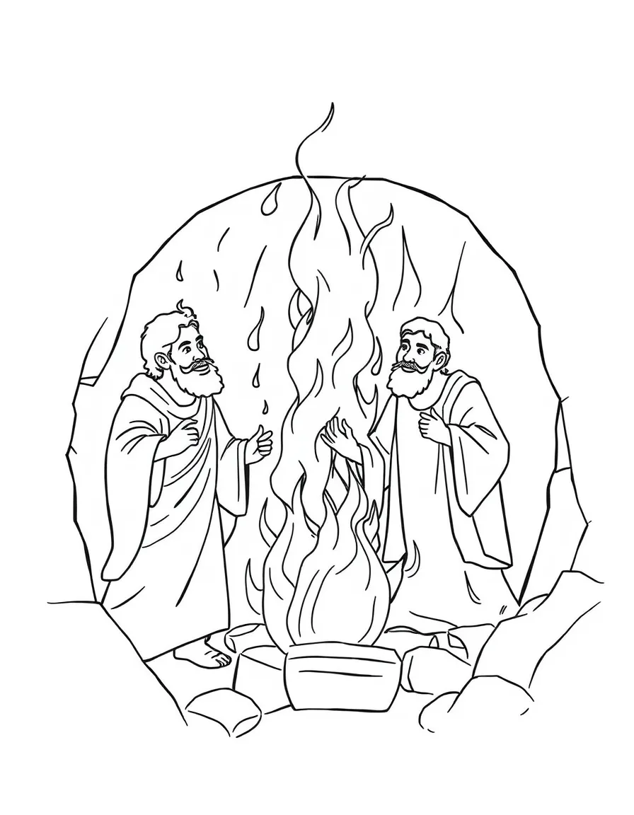 Shadrach, Meshach, and Abednego in the fiery furnace, unharmed.