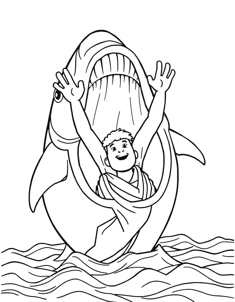 Jonah being swallowed by a giant fish, with his hands in the air.