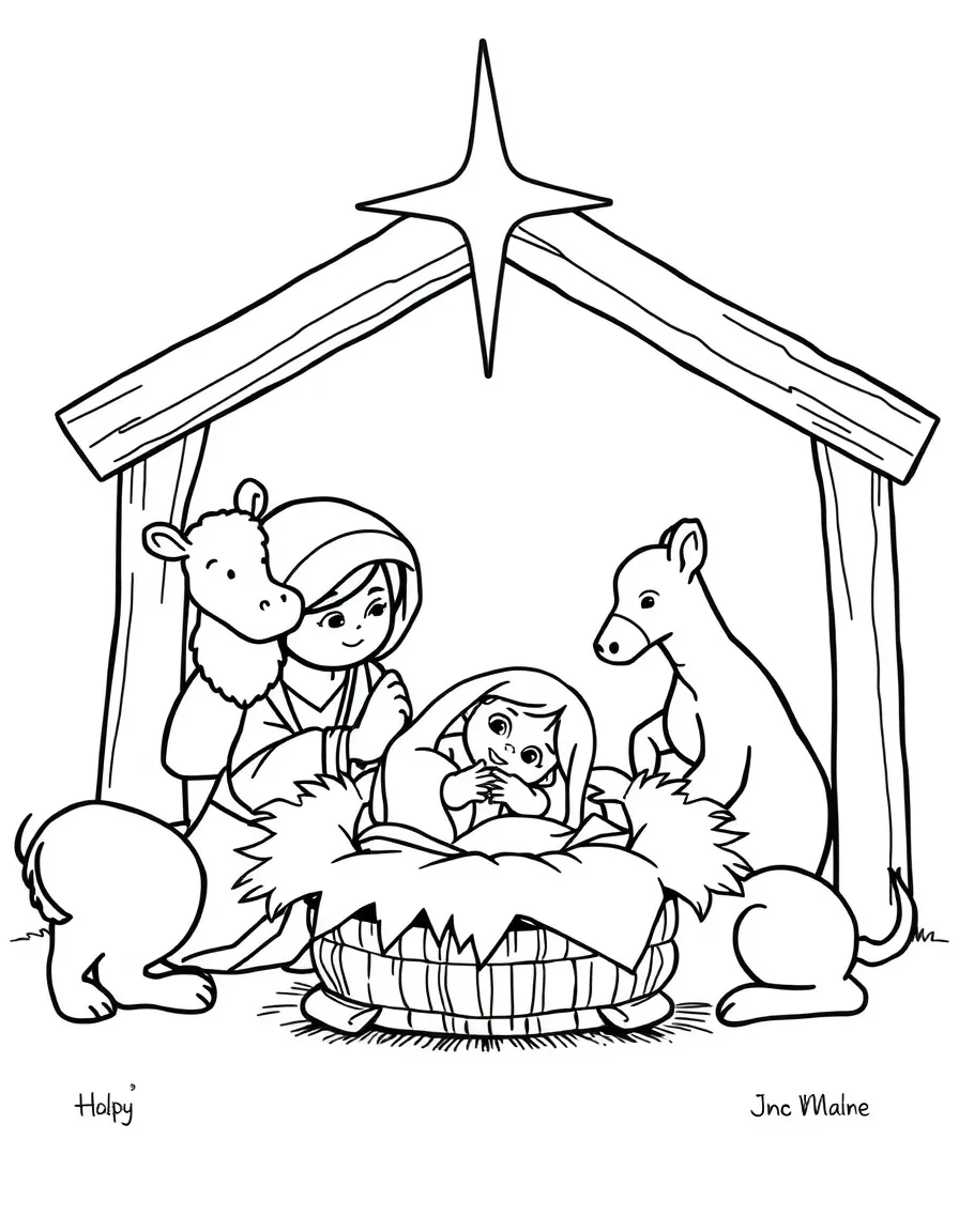 Baby Jesus in the manger, with animals looking on kindly.