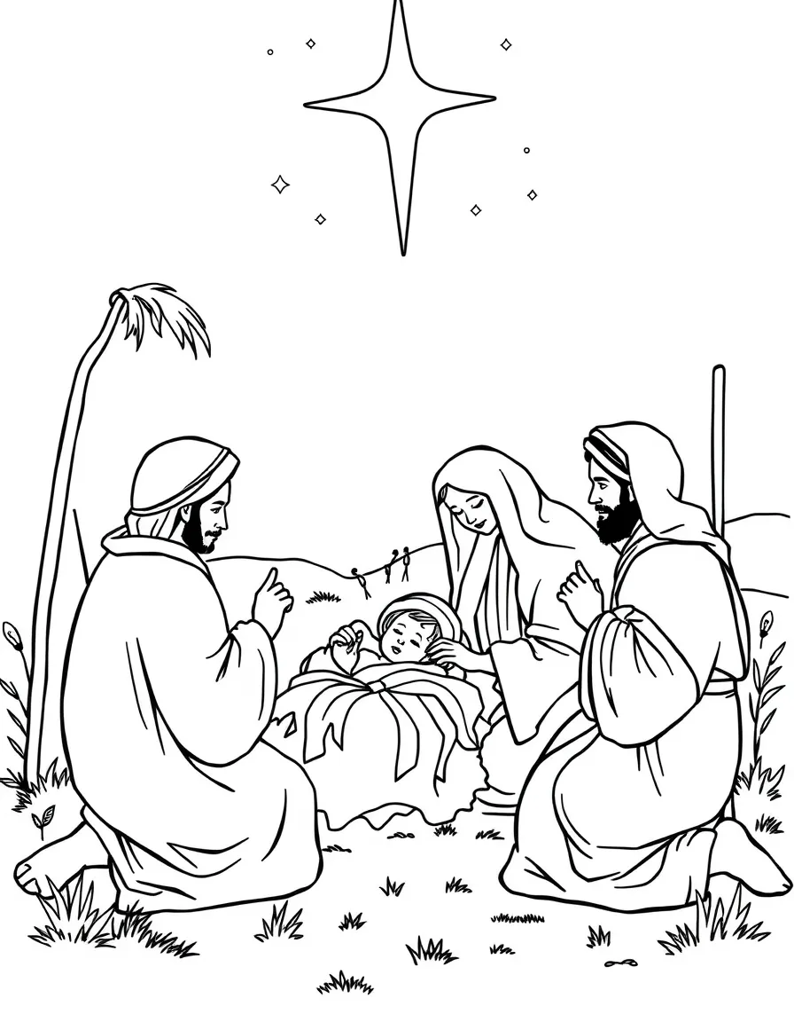 Shepherds visiting baby Jesus, kneeling in awe.
