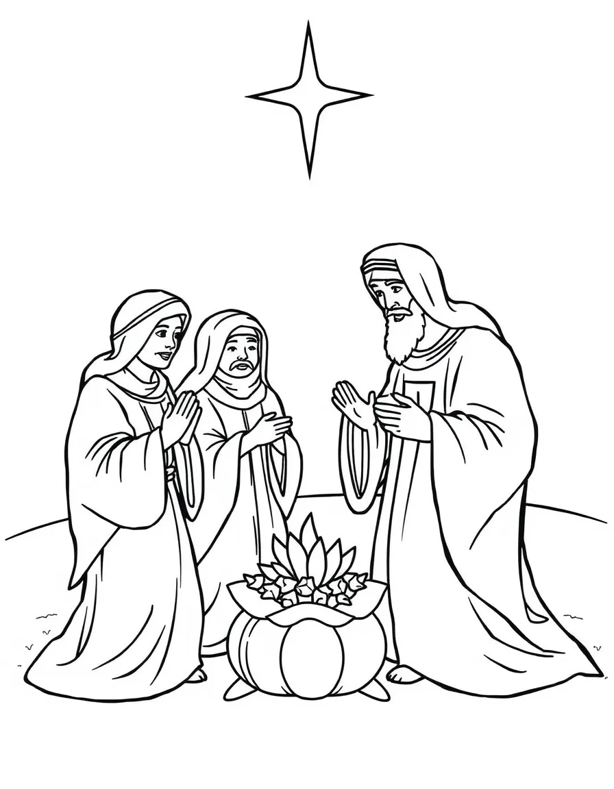 The wise men offering their gifts, with a star shining above.