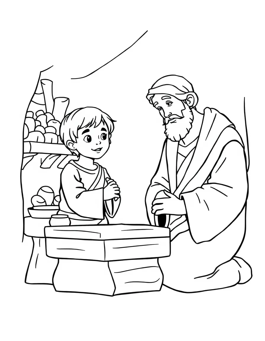 Young Jesus helping Joseph in the carpentry shop.