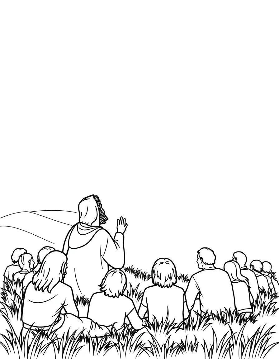 Jesus teaching the Sermon on the Mount, with people sitting on the grass.