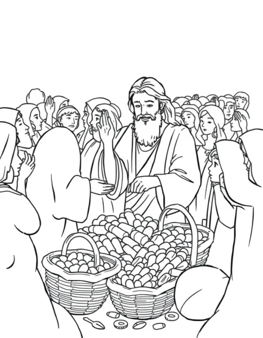 Jesus feeding the five thousand, with baskets overflowing.