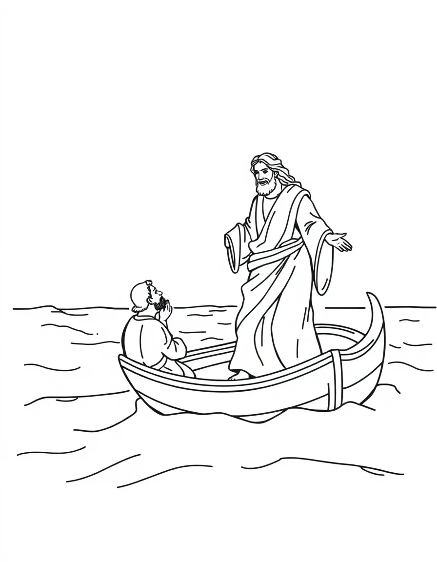 Jesus walking on water, with Peter getting out of the boat.