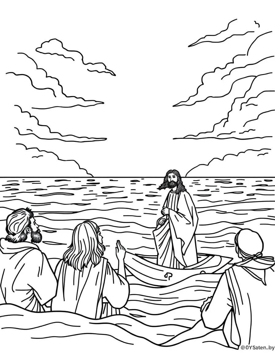 Jesus calming the storm, with a calm sea and quiet disciples.