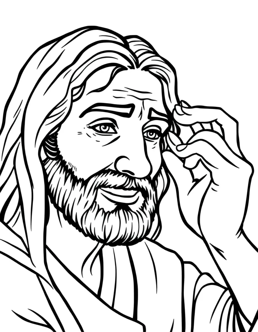 Jesus healing a blind man, with his eyes opening and smiling.
