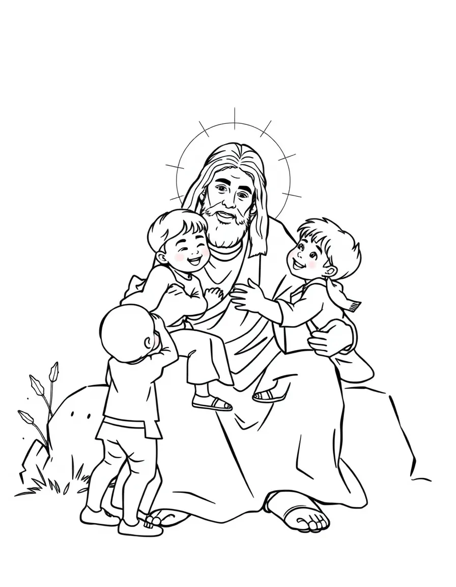 Jesus welcoming children, with them climbing on his lap.