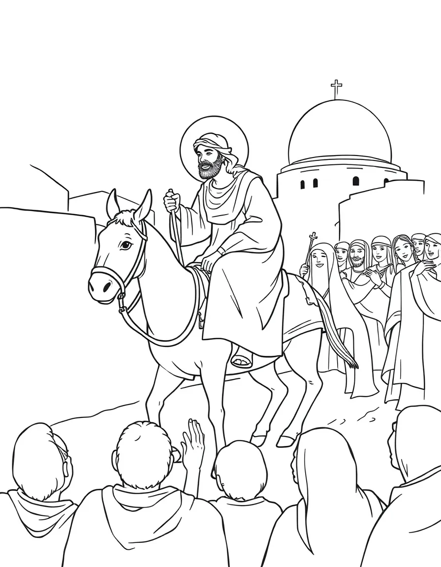 Jesus riding into Jerusalem on a donkey, with people laying cloaks down.