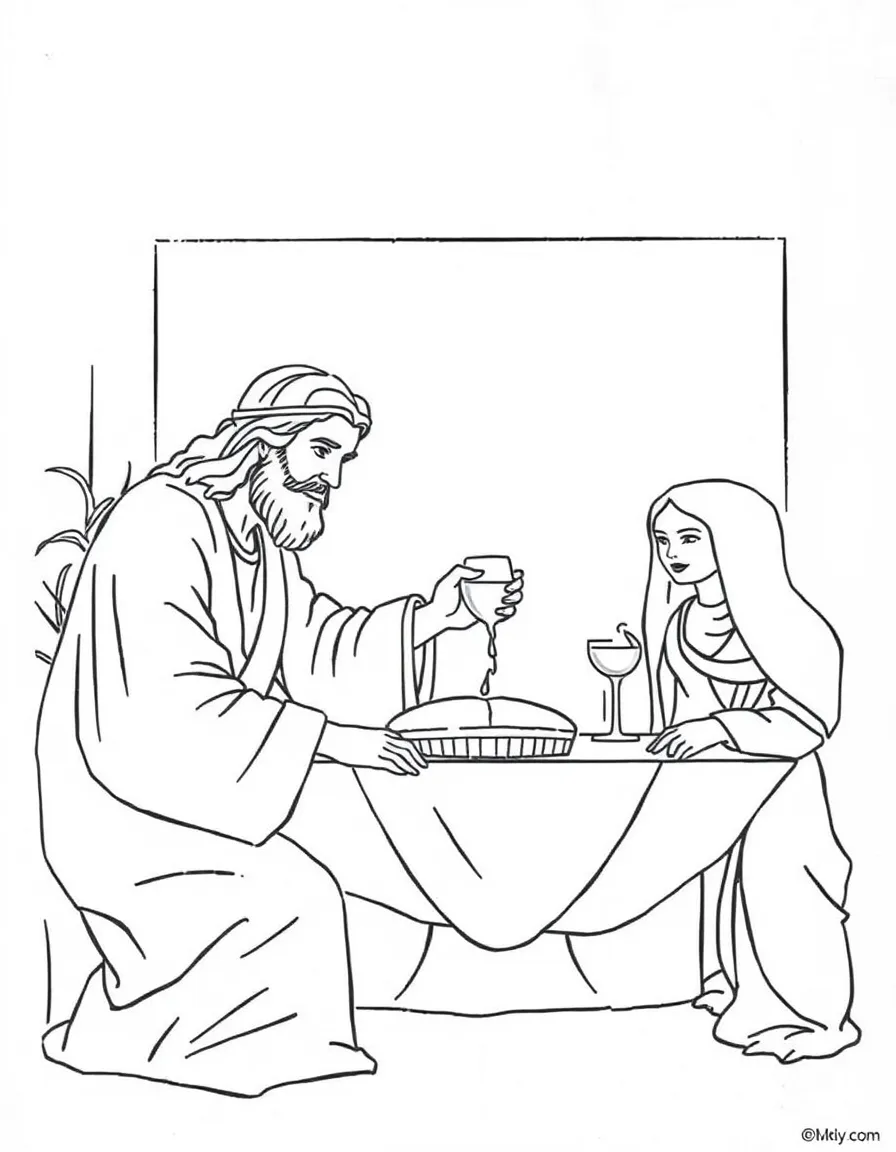 The Last Supper, with Jesus breaking bread and pouring wine.