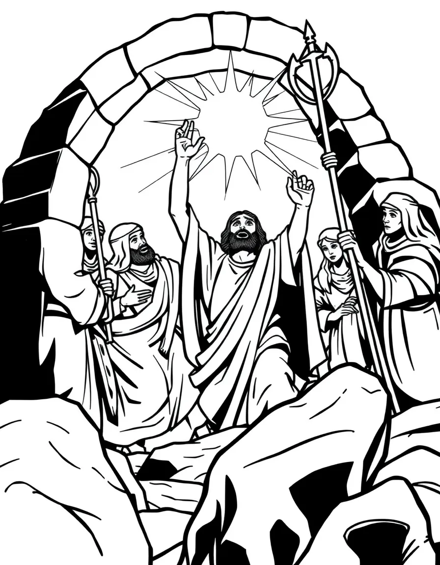 Jesus rising from the dead, with guards fleeing in fear.