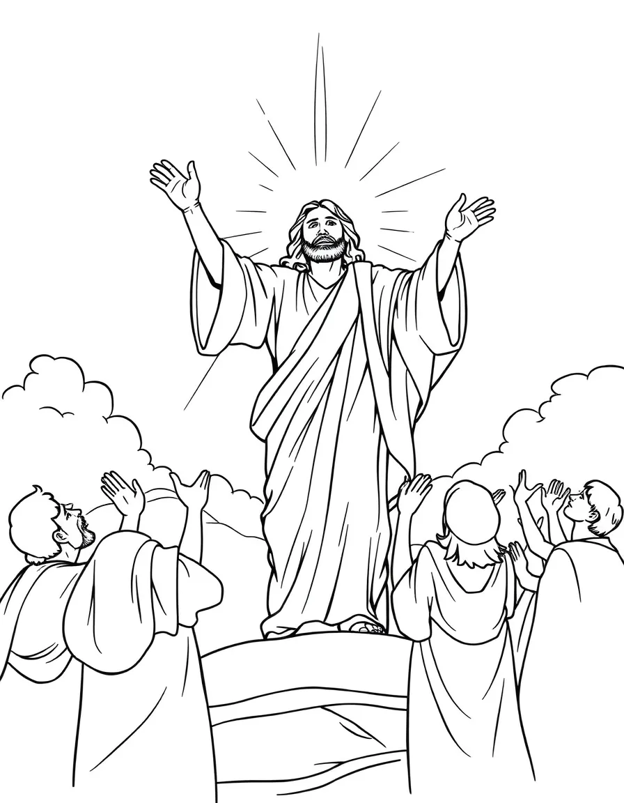 Jesus ascending into heaven, with disciples waving goodbye.