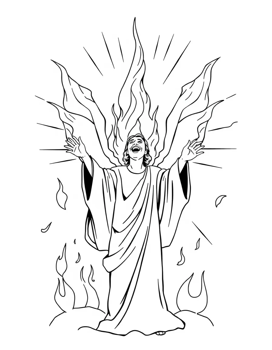 The Holy Spirit coming at Pentecost, with flames and joy.
