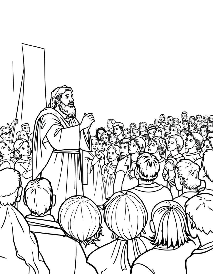 Peter preaching, with a crowd of diverse people listening.