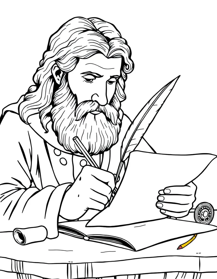 Paul writing letters, with a quill and parchment.