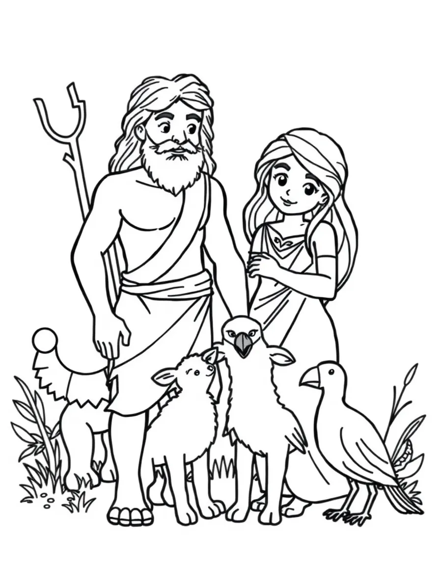 Adam and Eve with friendly animals, a lion, a lamb, and a bird.