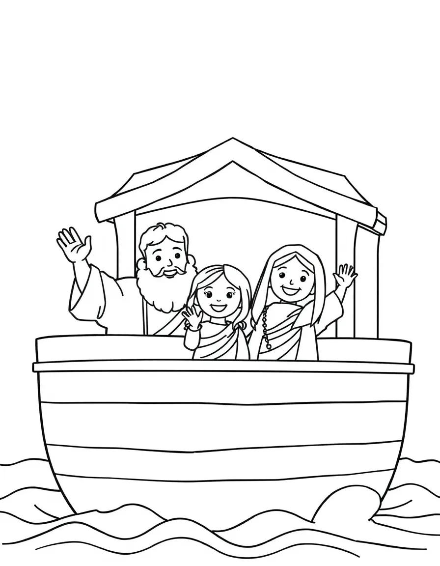 Noah's family, smiling and waving from the ark.