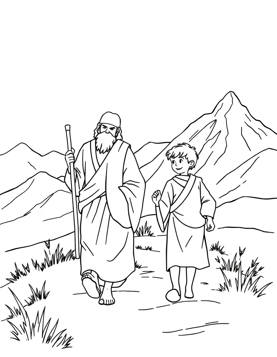 Abraham and Isaac walking together up the mountain.