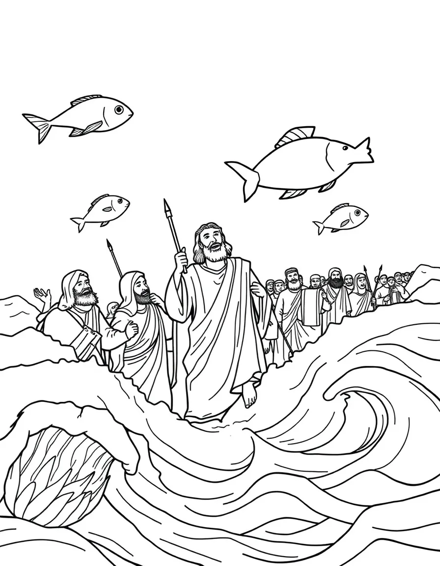 Moses leading the Israelites through the Red Sea, with fish looking up.