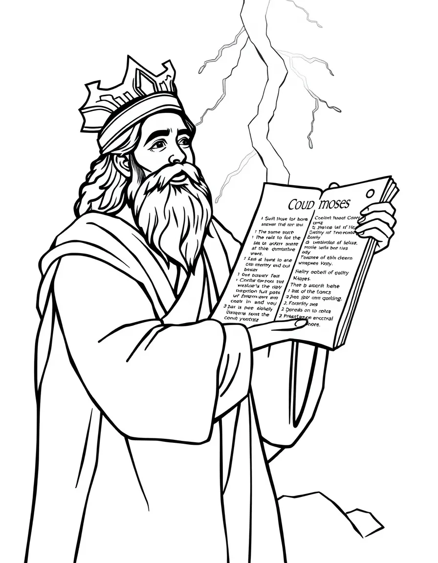 Moses holding the Ten Commandments, with lightning in the background.