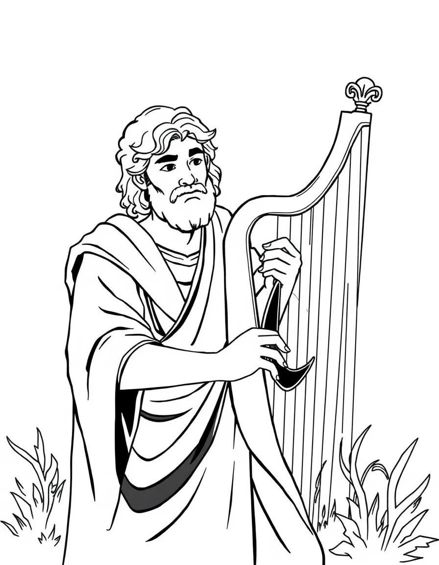 David playing his harp for King Saul, with a peaceful expression.