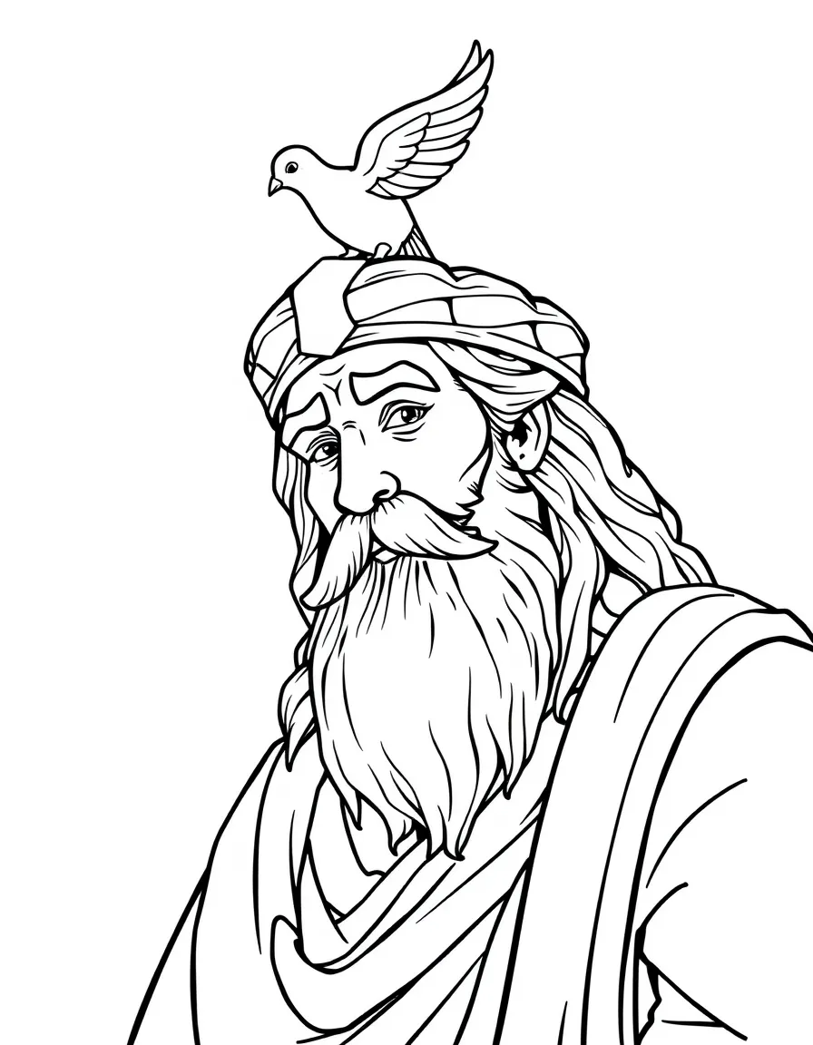 King Solomon looking wise, with a dove flying over his head.