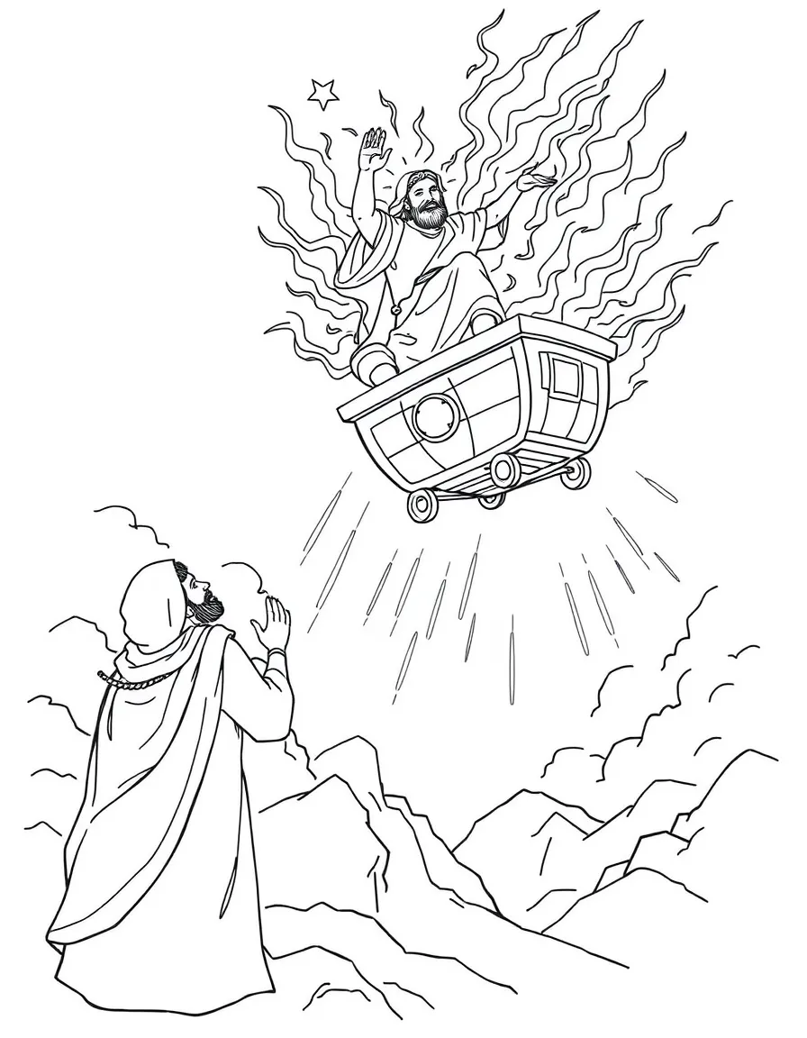 Elijah being taken up to heaven in a fiery chariot, with Elisha watching.