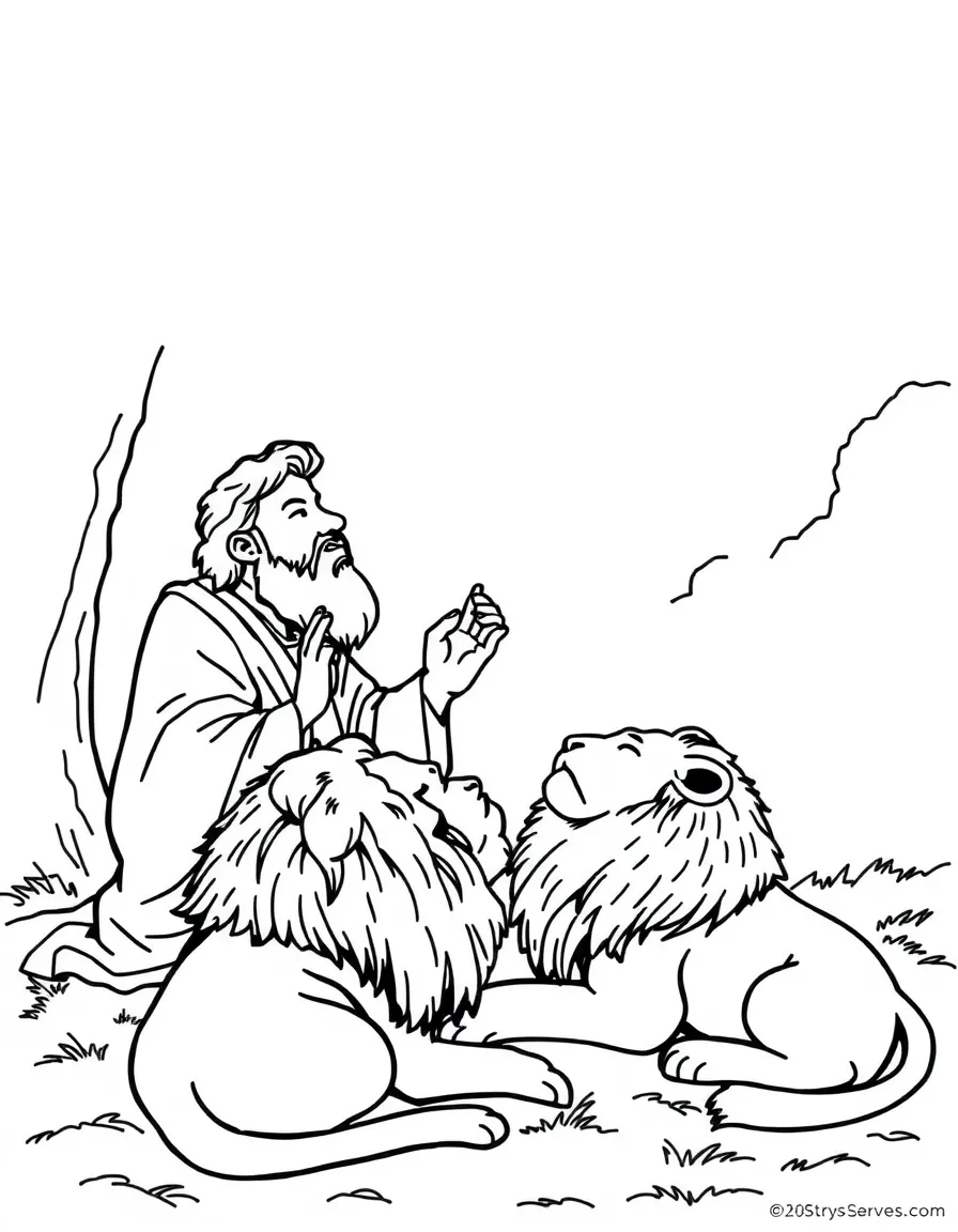 Daniel praying to God, with lions lying down around him.
