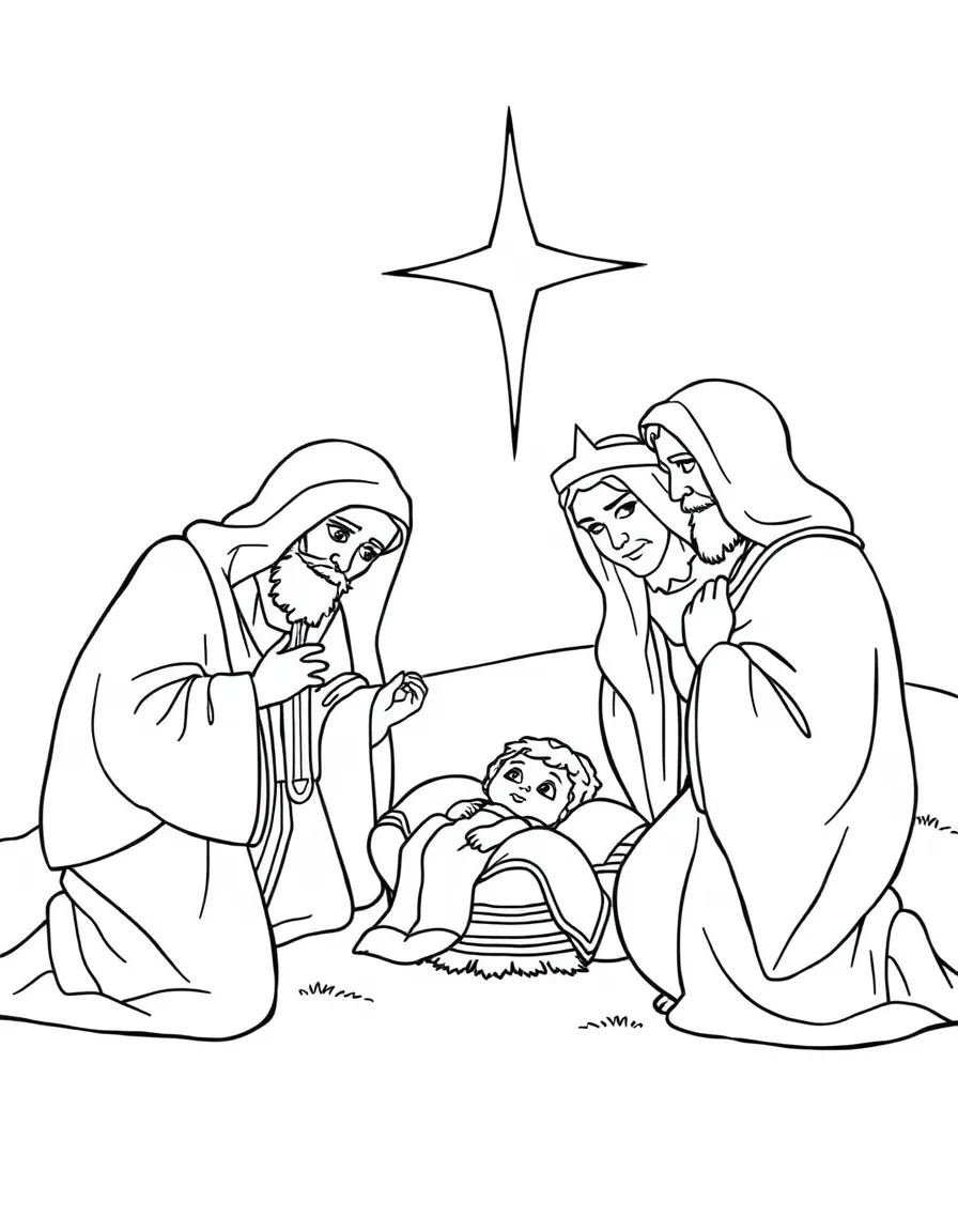 Shepherds and wise men kneeling before baby Jesus, with shining eyes.