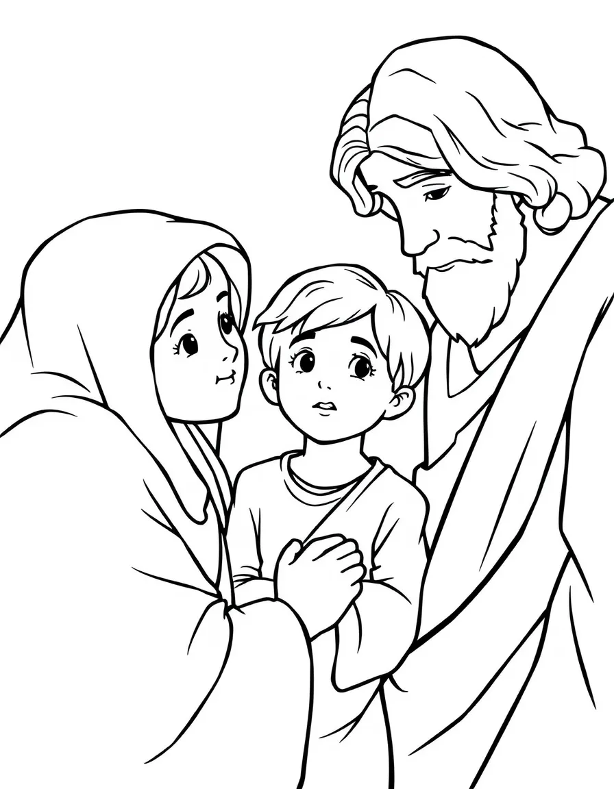 Young Jesus helping his parents, looking kind and thoughtful.