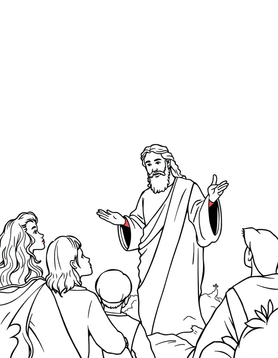 Jesus teaching the Beatitudes, with happy listeners.