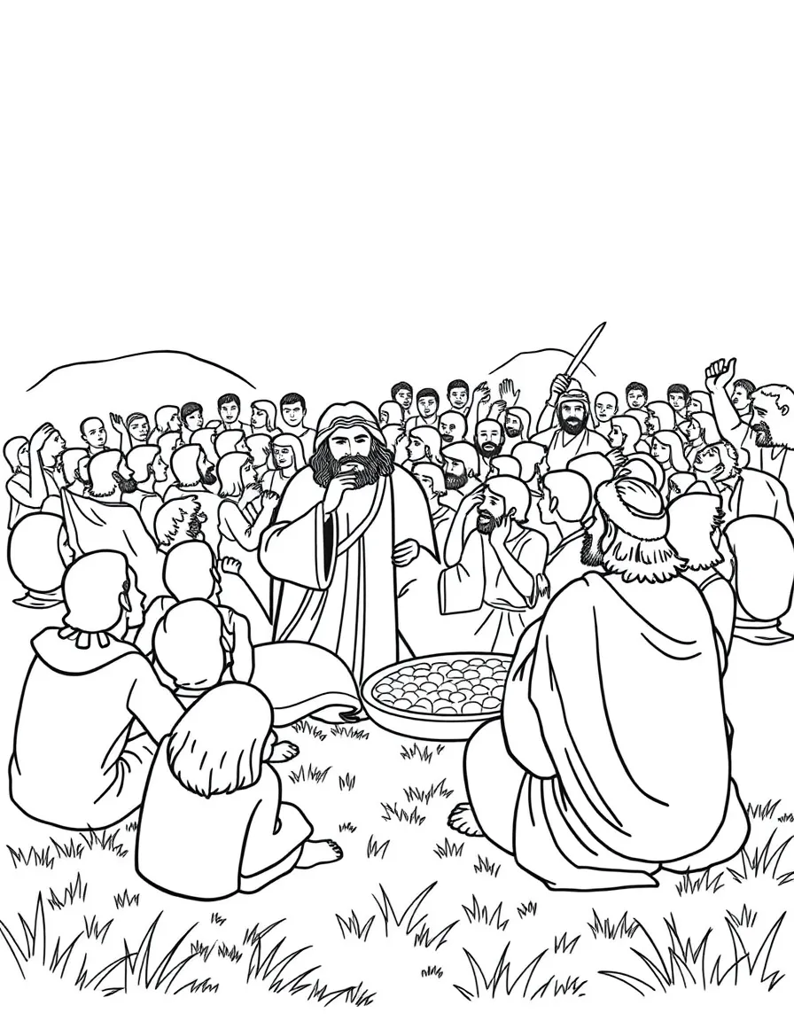 Jesus feeding the crowds, with everyone sitting on green grass.