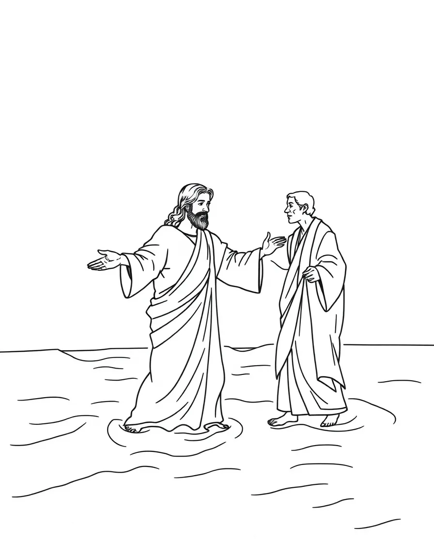 Jesus walking on water, reaching out to Peter.