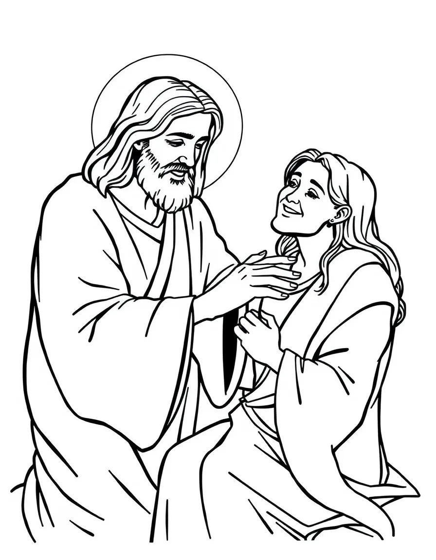 Jesus healing a sick person, with a gentle touch and a smile.