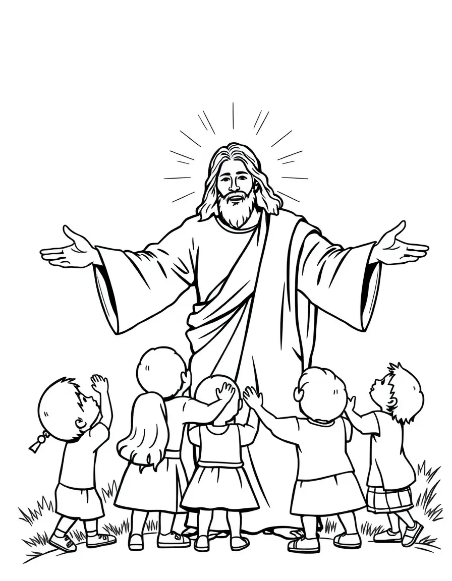 Jesus welcoming children, with their arms outstretched.