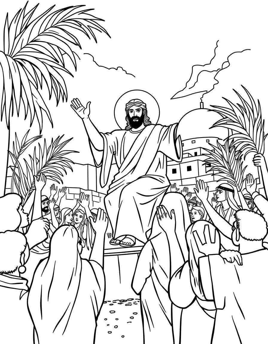 Jesus riding into Jerusalem, with people waving palm branches joyfully.