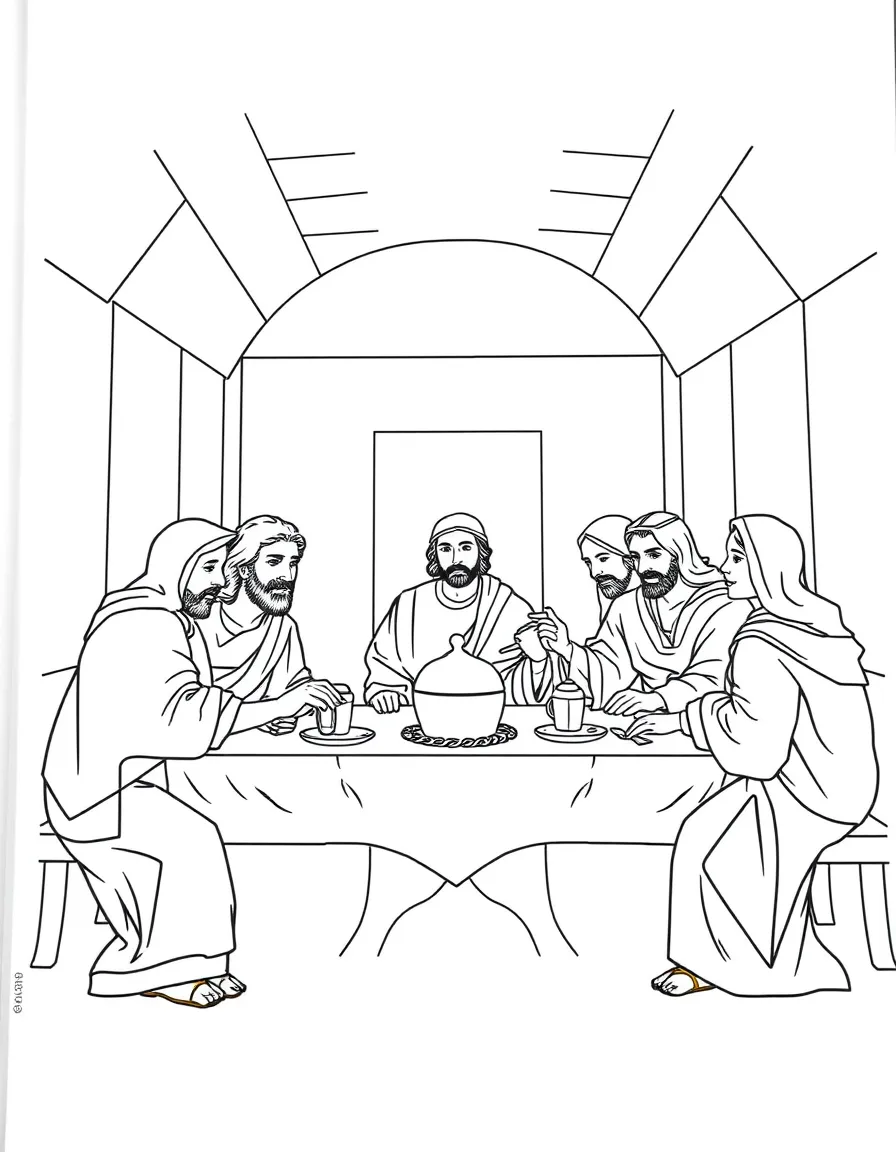 The Last Supper, with Jesus and his disciples sharing a meal.
